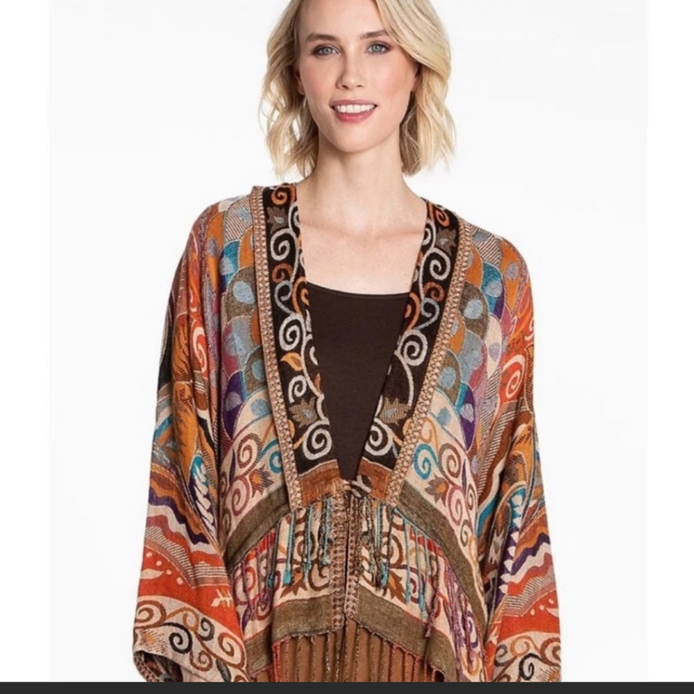 John Mark Fringe Hem Open Front Long Sleeve Printed Jacquard Statement Kimono